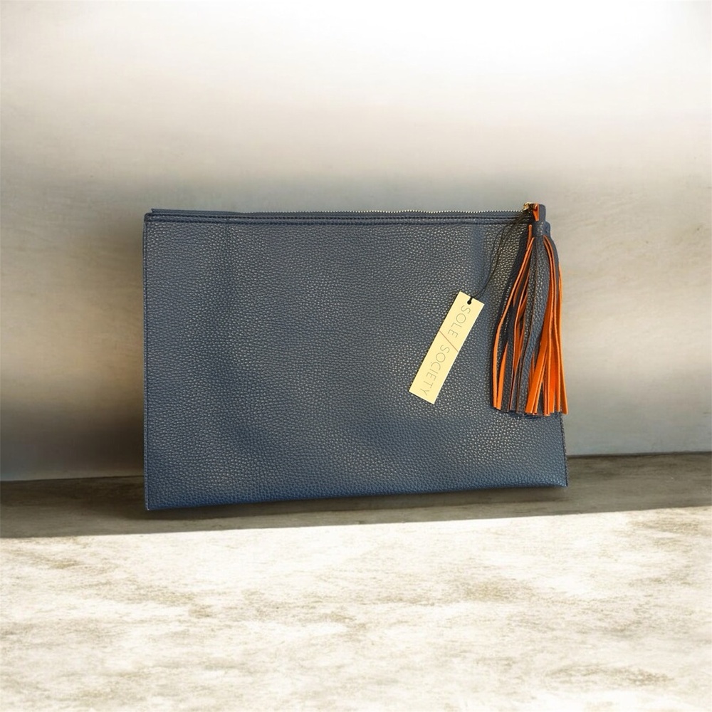 Sole Society Navy Blue Leather Clutch with Blue Orange Tassel NWT